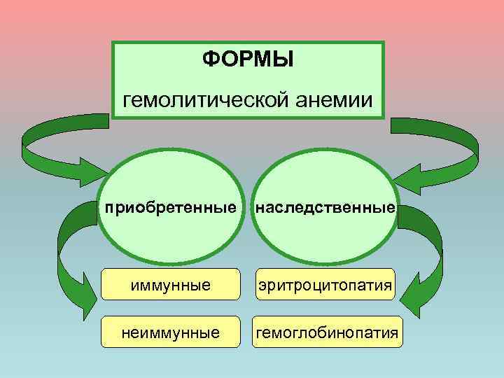 ФОРМЫ гемолитической анемии приобретенные наследственные иммунные эритроцитопатия неиммунные гемоглобинопатия 