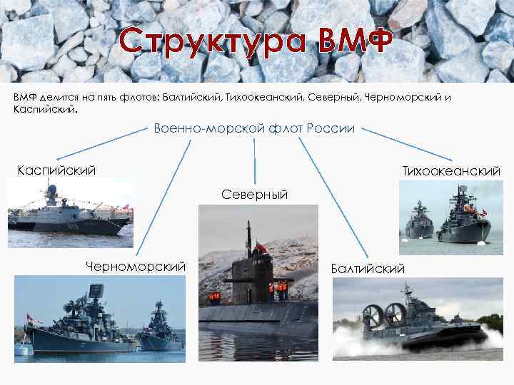 Структура ВМФ делится на пять флотов: Балтийский, Тихоокеанский, Северный, Черноморский и Каспийский. Военно-морской флот