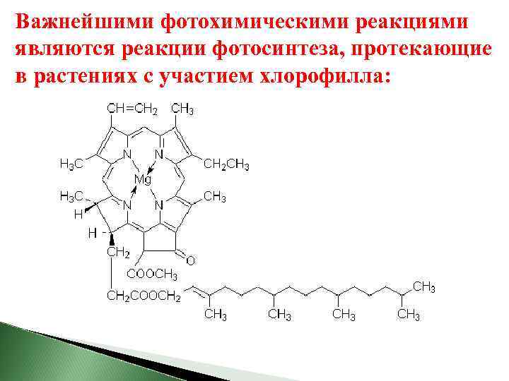 Важнейшими фотохимическими реакциями являются реакции фотосинтеза, протекающие в растениях с участием хлорофилла: 