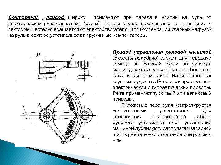 Секторный привод широко применяют при передаче усилий на руль от электрических рулевых машин (рис.