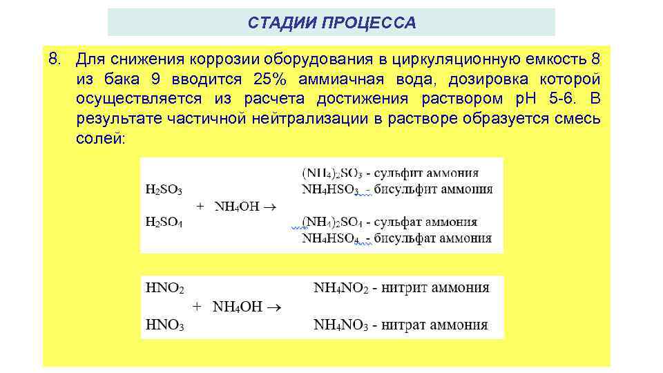 СТАДИИ ПРОЦЕССА 8. Для снижения коррозии оборудования в циркуляционную емкость 8 из бака 9