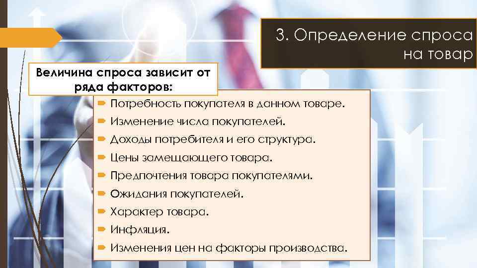 3. Определение спроса на товар Величина спроса зависит от ряда факторов: Потребность покупателя в