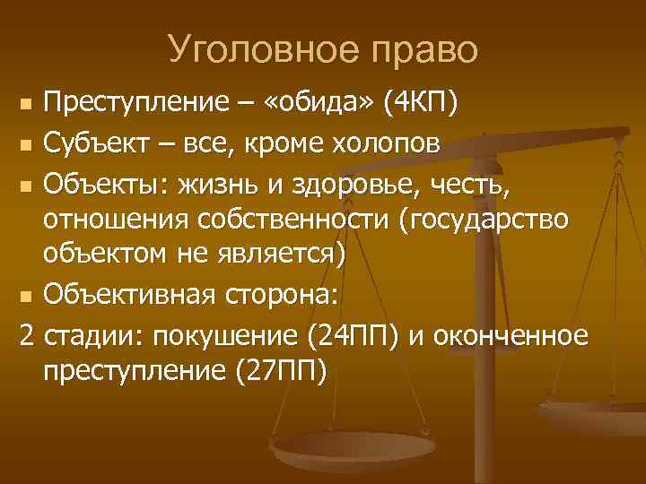 Уголовное право Преступление – «обида» (4 КП) n Субъект – все, кроме холопов n