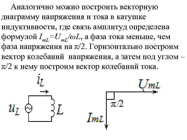 Аналогично можно построить векторную диаграмму напряжения и тока в катушке индуктивности, где связь амплитуд