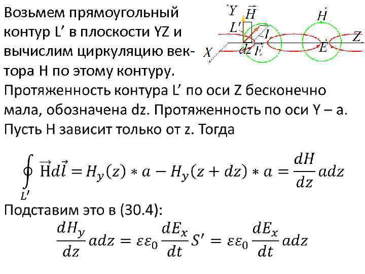 Возьмем прямоугольный контур L’ в плоскости YZ и вычислим циркуляцию вектора Н по этому