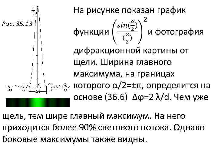  Рис. 35. 13 щель, тем шире главный максимум. На него приходится более 90%