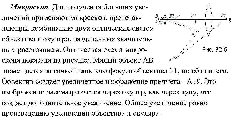 Микроскоп. Для получения больших увеличений применяют микроскоп, представляющий комбинацию двух оптических систем объектива и