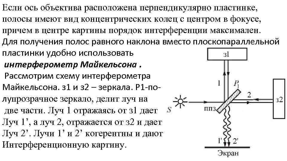 Если ось объектива расположена перпендикулярно пластинке, полосы имеют вид концентрических колец с центром в