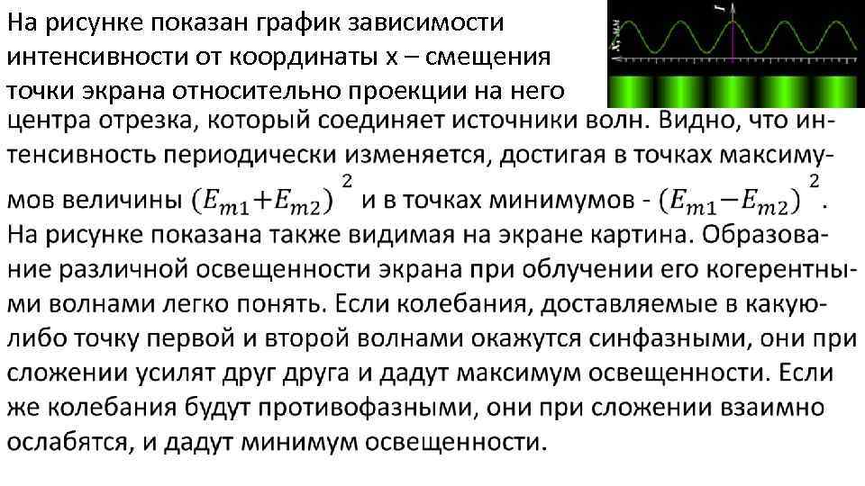 На рисунке показан график зависимости интенсивности от координаты х – смещения точки экрана относительно