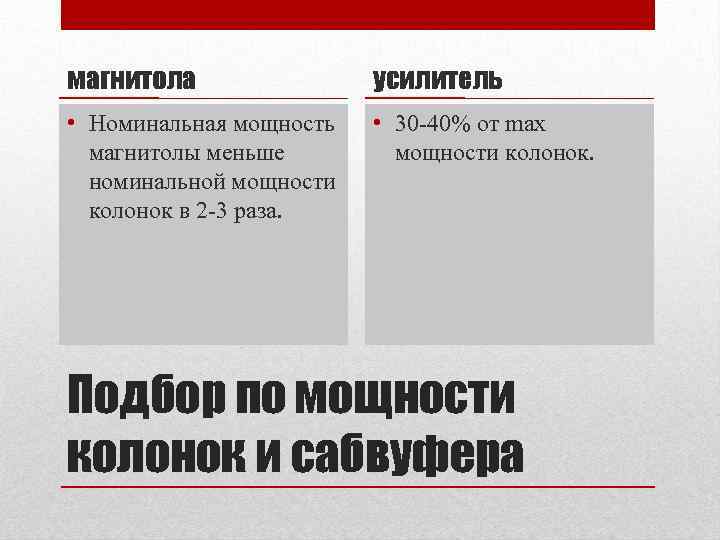 магнитола усилитель • Номинальная мощность магнитолы меньше номинальной мощности колонок в 2 -3 раза.