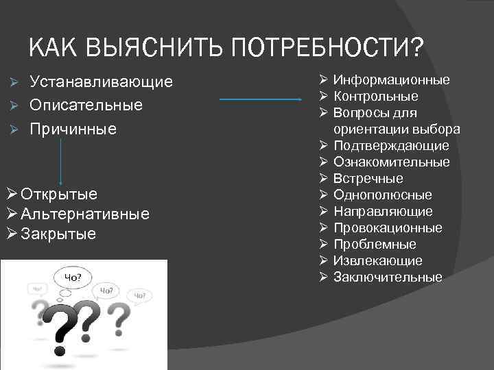 КАК ВЫЯСНИТЬ ПОТРЕБНОСТИ? Устанавливающие Ø Описательные Ø Причинные Ø Ø Открытые Ø Альтернативные Ø