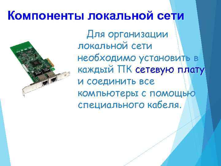 Компоненты локальной сети Для организации локальной сети необходимо установить в каждый ПК сетевую плату