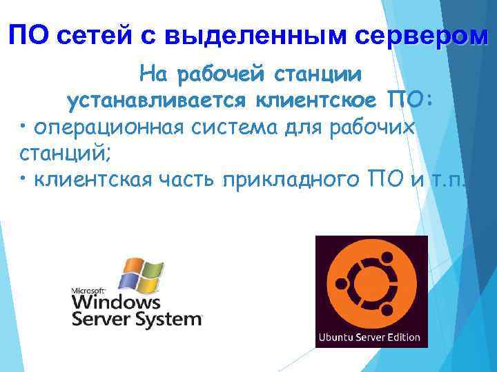 ПО сетей с выделенным сервером На рабочей станции устанавливается клиентское ПО: • операционная система