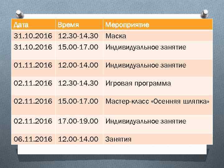 Дата Время Мероприятие 31. 10. 2016 12. 30 -14. 30 Маска 31. 10. 2016