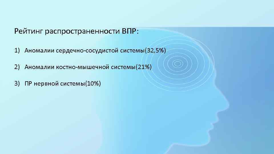 Рейтинг распространенности ВПР: 1) Аномалии сердечно-сосудистой системы(32, 5%) 2) Аномалии костно-мышечной системы(21%) 3) ПР