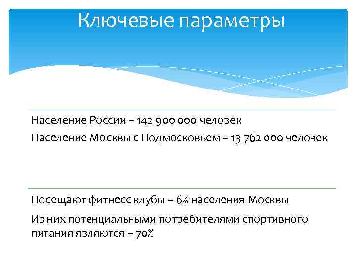 Ключевые параметры Население России – 142 900 000 человек Население Москвы с Подмосковьем –