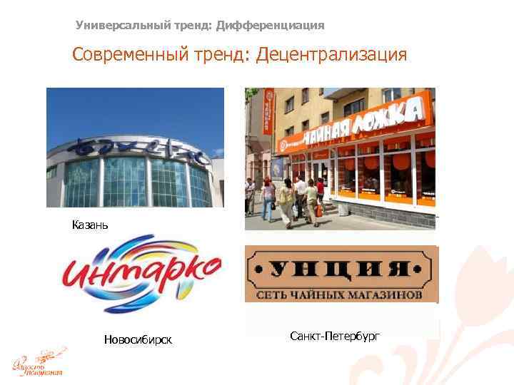 Универсальный тренд: Дифференциация Современный тренд: Децентрализация Казань Новосибирск Санкт-Петербург 
