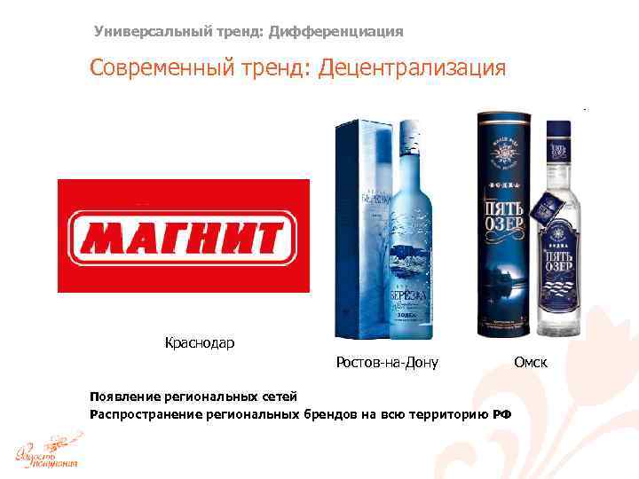 Универсальный тренд: Дифференциация Современный тренд: Децентрализация Краснодар Ростов-на-Дону Появление региональных сетей Распространение региональных брендов