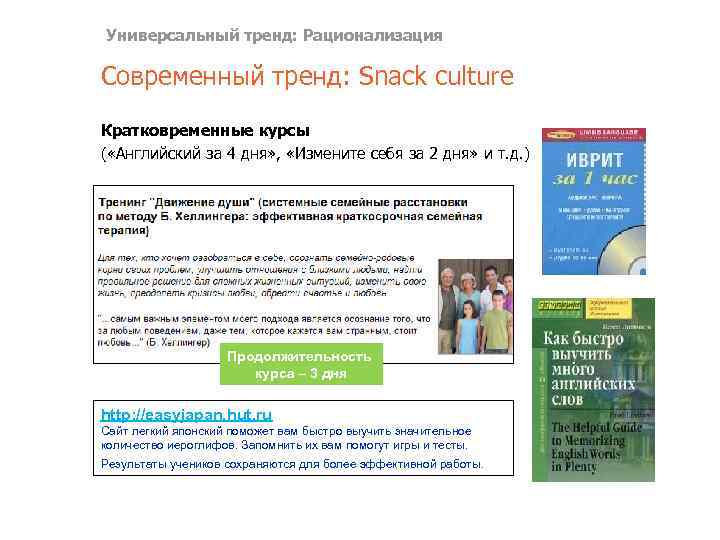 Универсальный тренд: Рационализация Современный тренд: Snack culture Кратковременные курсы ( «Английский за 4 дня»