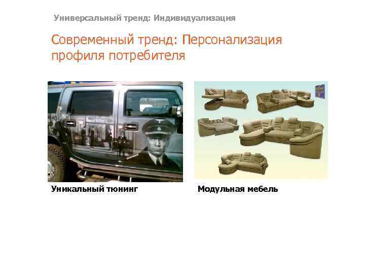 Универсальный тренд: Индивидуализация Современный тренд: Персонализация профиля потребителя Уникальный тюнинг Модульная мебель 