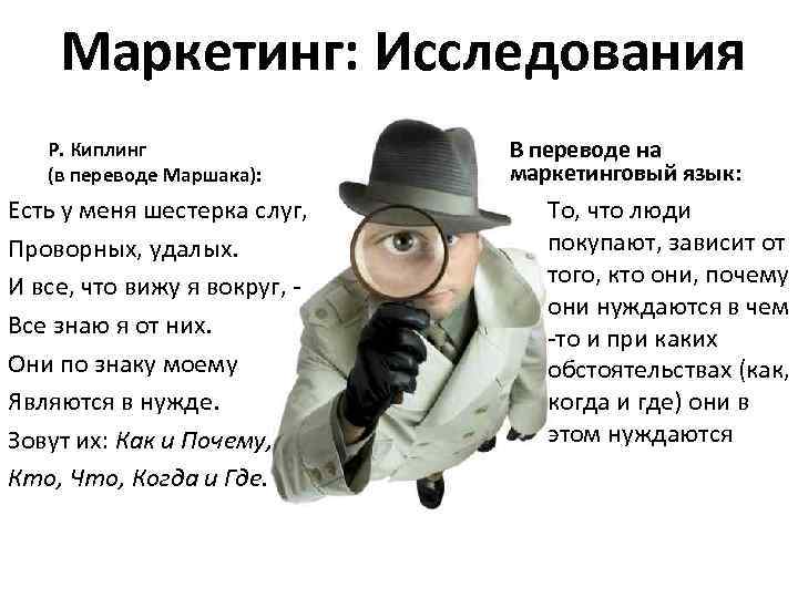 Маркетинг: Исследования Р. Киплинг (в переводе Маршака): Есть у меня шестерка слуг, Проворных, удалых.