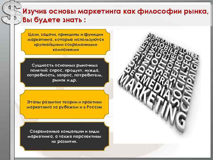 Изучив основы маркетинга как философии рынка, Вы будете знать : Цели, задачи, принципы и