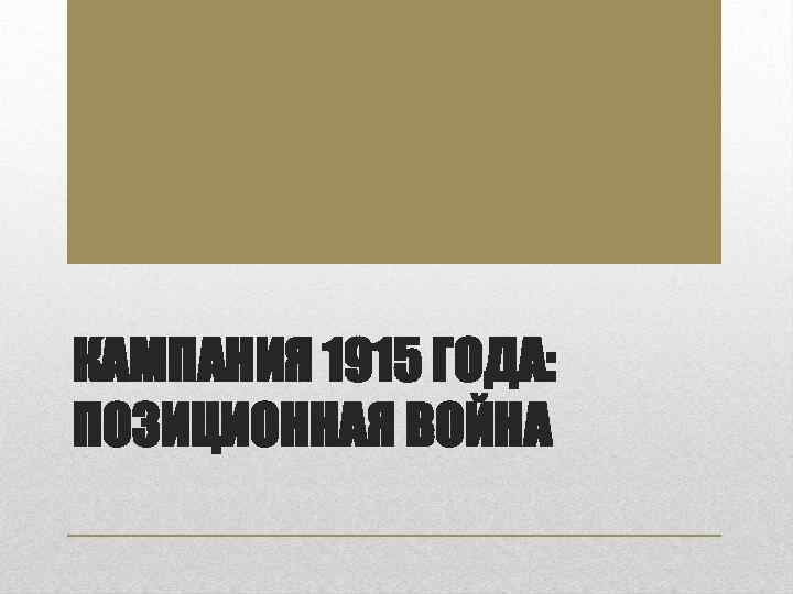 КАМПАНИЯ 1915 ГОДА: ПОЗИЦИОННАЯ ВОЙНА 