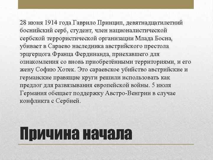 28 июня 1914 года Гаврило Принцип, девятнадцатилетний боснийский серб, студент, член националистической сербской террористической