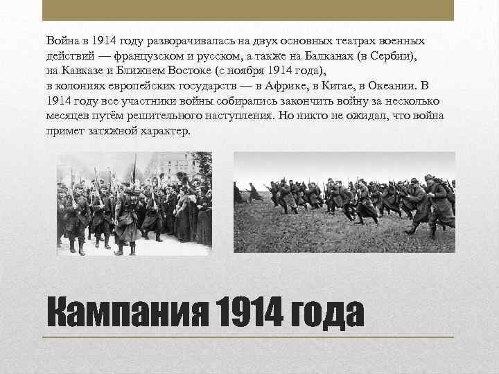 Война в 1914 году разворачивалась на двух основных театрах военных действий — французском и