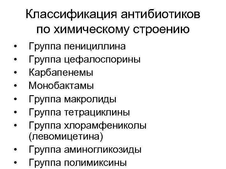 Классификация антибиотиков по химическому строению • • • Группа пенициллина Группа цефалоспорины Карбапенемы Монобактамы