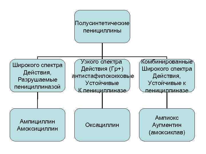 Полусинтетические пенициллины Широкого спектра Действия, Разрушаемые пенициллиназой Ампициллин Амоксициллин Узкого спектра Действия (Гр+) антистафилококковые