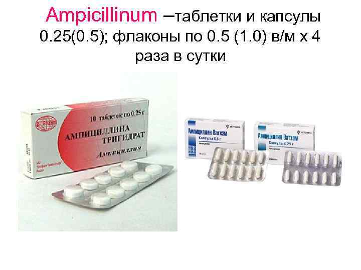 Ampicillinum –таблетки и капсулы 0. 25(0. 5); флаконы по 0. 5 (1. 0) в/м
