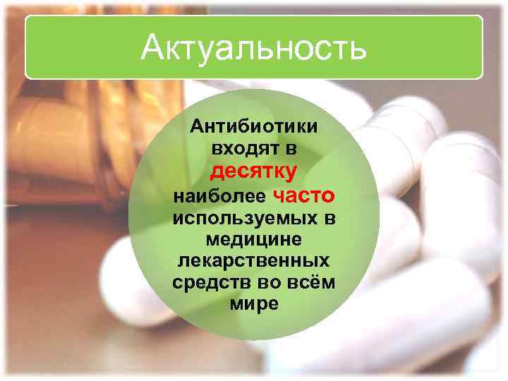 Актуальность Антибиотики входят в десятку наиболее часто используемых в медицине лекарственных средств во всём