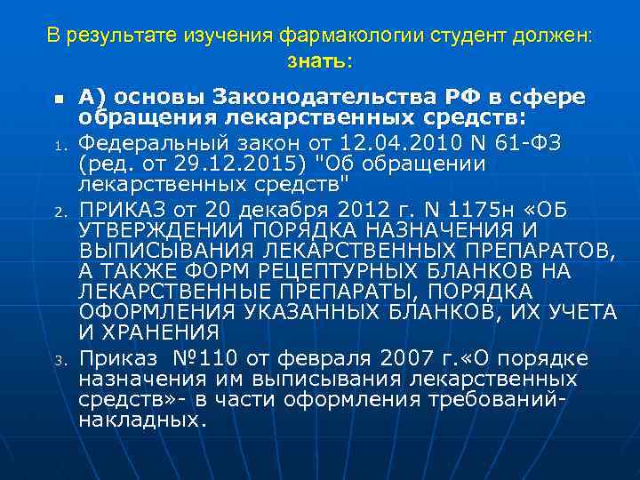 В результате изучения фармакологии студент должен: знать: n 1. 2. 3. А) основы Законодательства