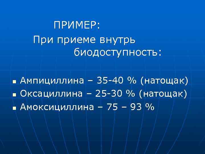 ПРИМЕР: При приеме внутрь биодоступность: n n n Ампициллина – 35 40 % (натощак)