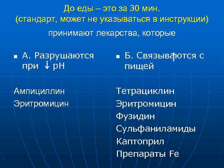 До еды – это за 30 мин. (стандарт, может не указываться в инструкции) принимают