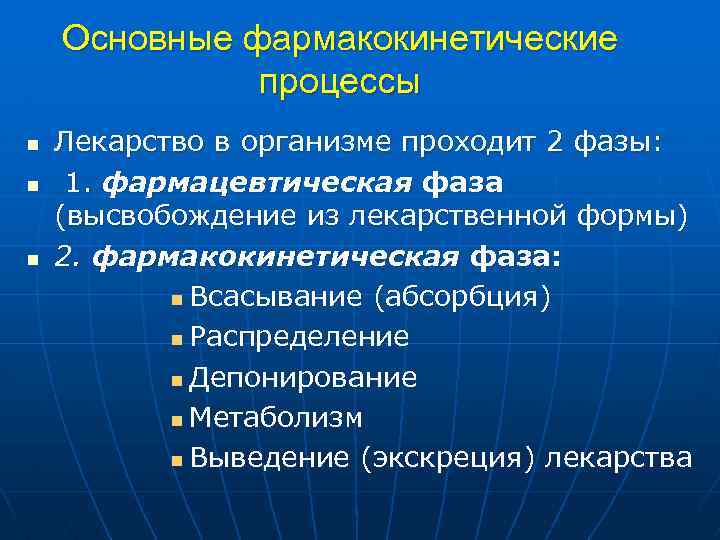 Основные фармакокинетические процессы n n n Лекарство в организме проходит 2 фазы: 1. фармацевтическая