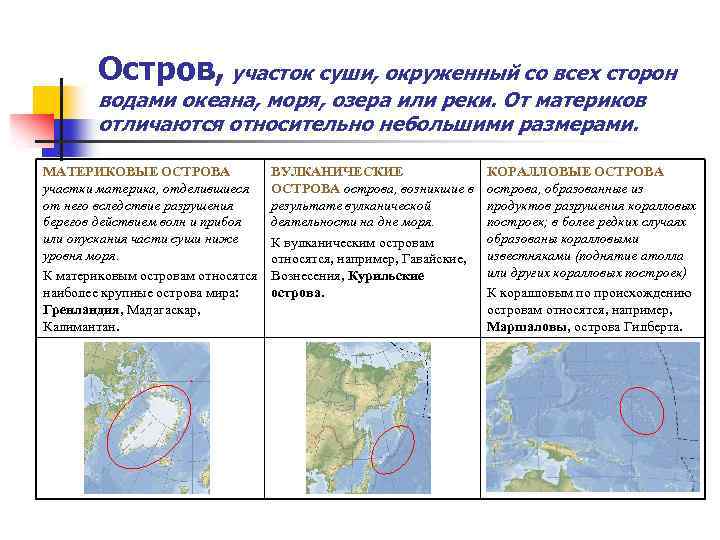 Остров, участок суши, окруженный со всех сторон водами океана, моря, озера или реки. От
