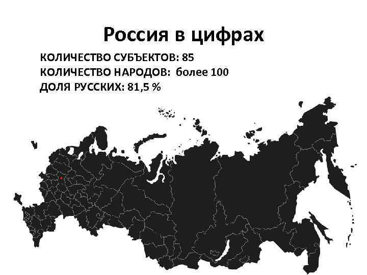 Россия в цифрах КОЛИЧЕСТВО СУБЪЕКТОВ: 85 КОЛИЧЕСТВО НАРОДОВ: более 100 ДОЛЯ РУССКИХ: 81, 5