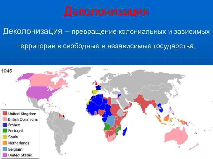 Деколонизация – превращение колониальных и зависимых территорий в свободные и независимые государства. 