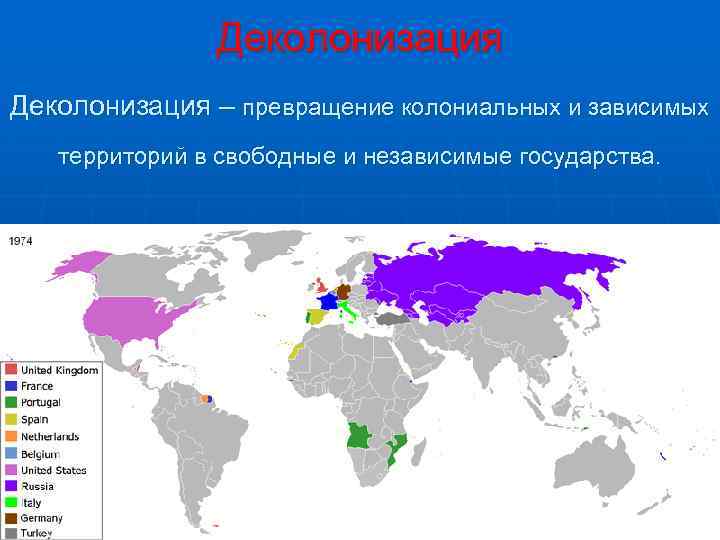 Деколонизация – превращение колониальных и зависимых территорий в свободные и независимые государства. 