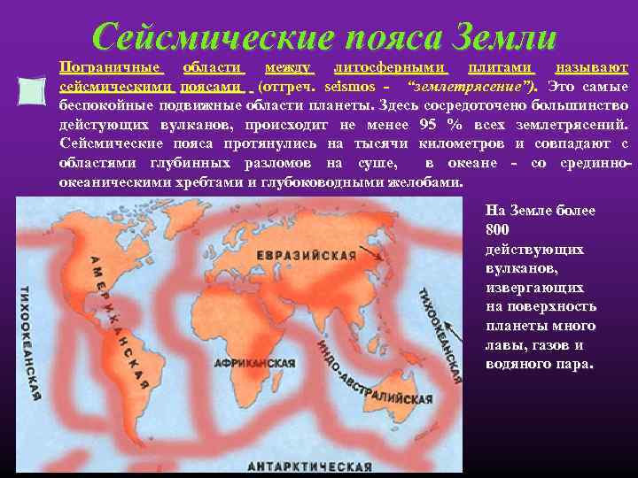 Сейсмические пояса Земли Пограничные области между литосферными плитами называют сейсмическими поясами (отгреч. seismos -