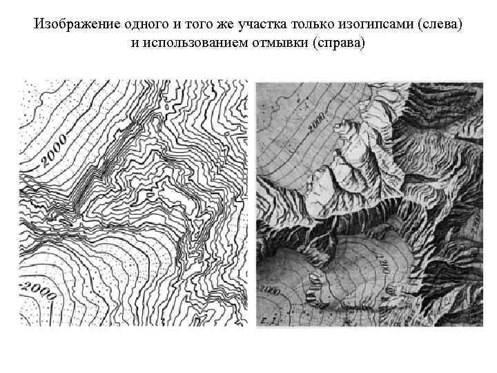 Изображение одного и того же участка только изогипсами (слева) и использованием отмывки (справа) 