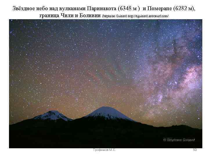 Звёздное небо над вулканами Паринакота (6348 м ) и Померапе (6282 м), граница Чили