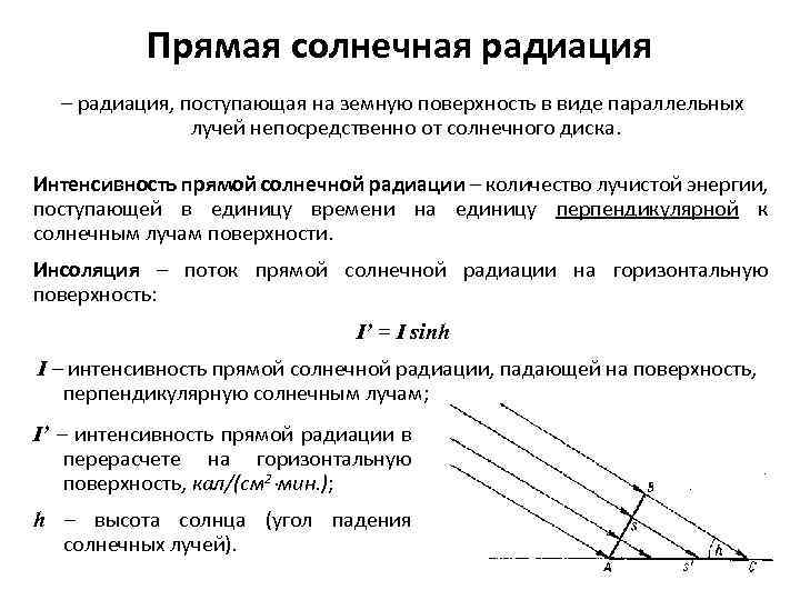 Прямая солнечная радиация – радиация, поступающая на земную поверхность в виде параллельных лучей непосредственно