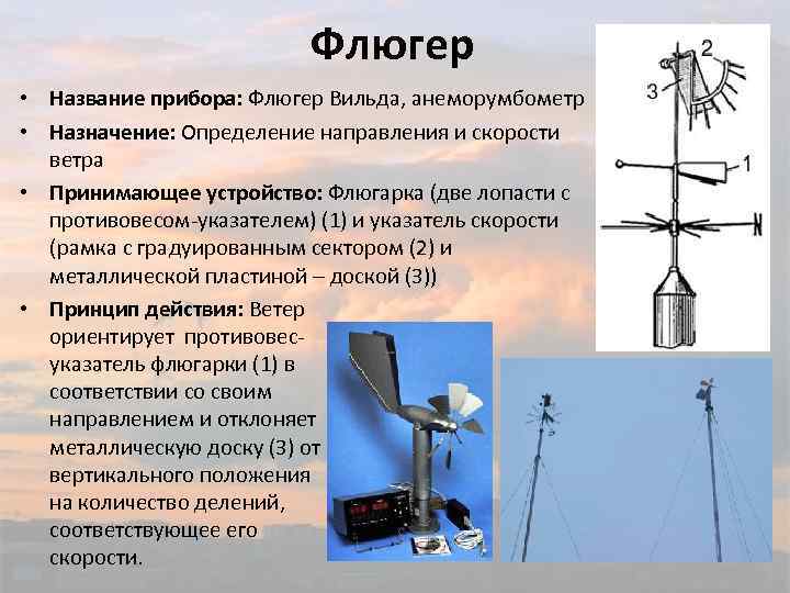 Флюгер • Название прибора: Флюгер Вильда, анеморумбометр • Назначение: Определение направления и скорости ветра