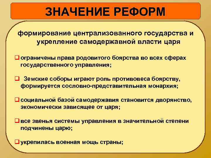 ЗНАЧЕНИЕ РЕФОРМ формирование централизованного государства и укрепление самодержавной власти царя q ограничены права родовитого