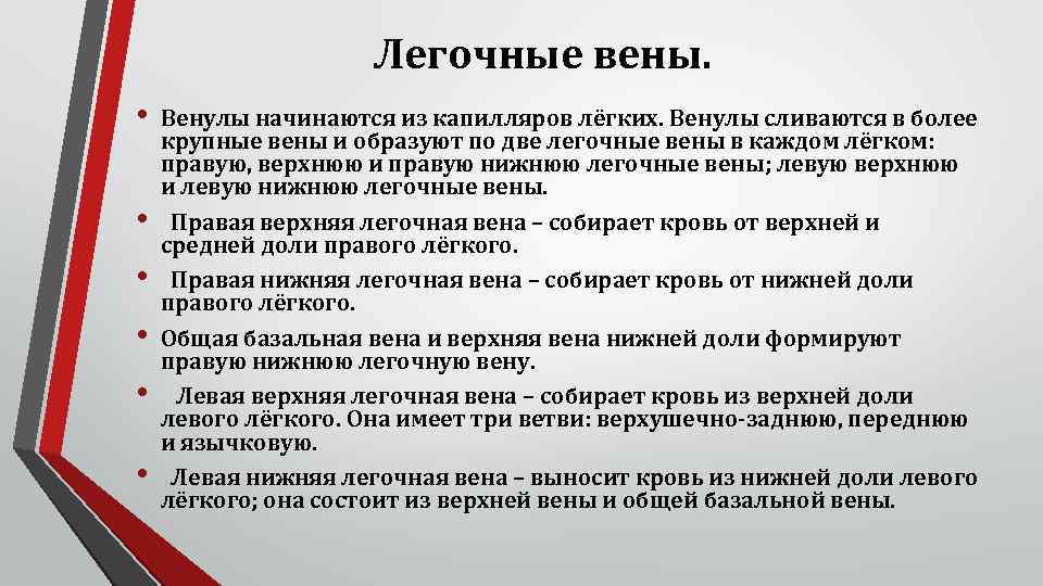 Легочные вены. • • • Венулы начинаются из капилляров лёгких. Венулы сливаются в более