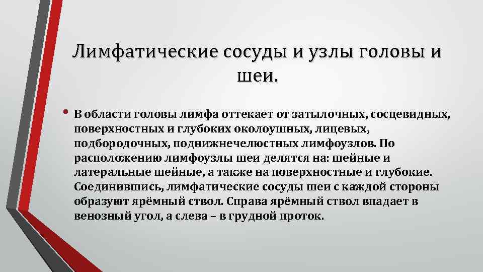 Лимфатические сосуды и узлы головы и шеи. • В области головы лимфа оттекает от