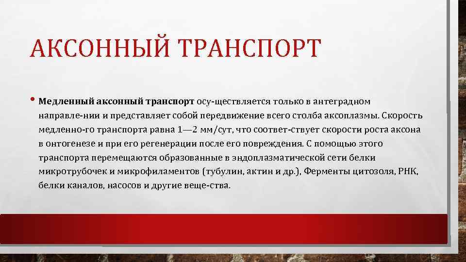 АКСОННЫЙ ТРАНСПОРТ • Медленный аксонный транспорт осу ществляется только в антеградном направле нии и